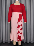 Plus Size Women Color‑Block Square Neck Mermaid Side‑Ruffled Half‑Sleeve Formal Party Bodycon Dress
