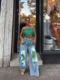 Women Ripped Color‑Block Denim Wide‑Leg Pants