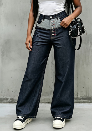 Women Patchwork Color‑Block Denim Pants