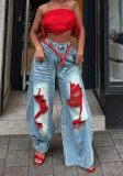 Women Ripped Color‑Block Denim Wide‑Leg Pants