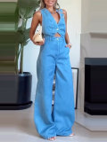 Women Summer Denim Wide‑Leg Jumpsuit
