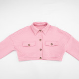 Fall Women’s Solid Color Turn-Down Collar Long Sleeve Button-Up Cropped Jacket