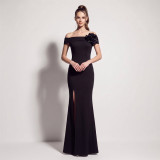 Women’s Off Shoulder Satin Floral Applique High-Slit Formal Party Gown
