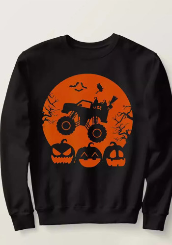 Winter Halloween Family Matching Skeleton Monster Truck Moon Print  Long Sleeve Round Neck Top Outfit
