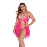 Women’s Sexy Red Lace Mesh Lace-Up Slit Lingerie Set with Thong
