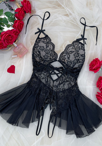 Women’s Sexy Deep V-Neck Lace Low Back Halter Neck Lace-Up Crotchless Bodysuit