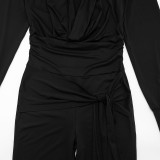 Fall Women’s Solid Color Casual Slim-Fit Knot Tie Turn-Down Collar Deep V-Neck Long Sleeve Jumpsuit