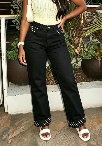 Women’s Polka Dot Patchwork Turn-Up Hem Slim-Fit Casual Straight-Leg Denim Pants