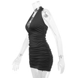 Summer Women’s V-Neck Halter Neck Low Back Bodycon Sexy Ruched Dress