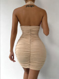 Summer Women’s V-Neck Halter Neck Low Back Bodycon Sexy Ruched Dress