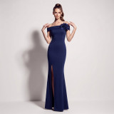 Women’s Off Shoulder Satin Floral Applique High-Slit Formal Party Gown