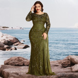 Plus Size Elegant Sequin Patchwork Round Neck Long Sleeve Evening Dress