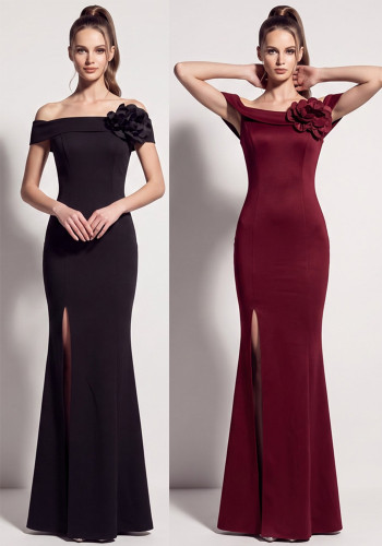 Women’s Off Shoulder Satin Floral Applique High-Slit Formal Party Gown