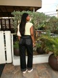 Women’s Polka Dot Patchwork Turn-Up Hem Slim-Fit Casual Straight-Leg Denim Pants