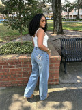 Women’s High Street Leopard Print Star Detail Back Pocket Loose Straight-Leg Denim Pants