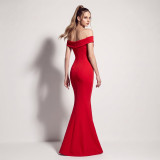 Women’s Off Shoulder Satin Floral Applique High-Slit Formal Party Gown