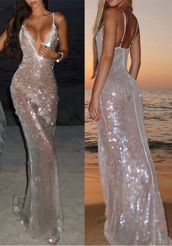 Women’s Sexy Low Back Sequin Beach Party Evening Gown