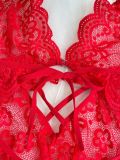 Women’s Sexy Deep V-Neck Lace Low Back Halter Neck Lace-Up Crotchless Bodysuit