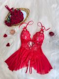 Women’s Sexy Deep V-Neck Lace Low Back Halter Neck Lace-Up Crotchless Bodysuit