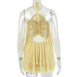 Summer Women’s Solid Color Casual Loose Halter Neck Cropped Top and Skirt Two-Piece Set
