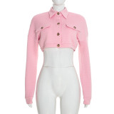 Fall Women’s Solid Color Turn-Down Collar Long Sleeve Button-Up Cropped Jacket