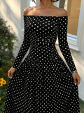 Women’s Polka Dot Off Shoulder Long Sleeve Sexy Slim-Waist Holiday Party Dress