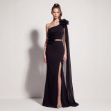 Women’s One Shoulder Satin Chiffon Tie Floral Applique High-Slit Formal Party Gown