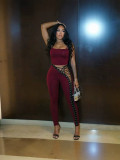 Women’s Sexy Strap Vest Hollow-Out Side Lace-Up Tight-Fitting Pants Two-Piece Set