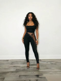 Women’s Sexy Strap Vest Hollow-Out Side Lace-Up Tight-Fitting Pants Two-Piece Set