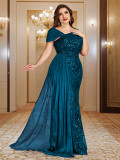 Women Plus Size Sequin Single Shoulder Sleeveless Beaded Ribbon Cocktail Formal Party Evening Dress