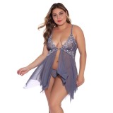Women’s Sexy Red Lace Mesh Lace-Up Slit Lingerie Set with Thong