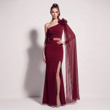 Women’s One Shoulder Satin Chiffon Tie Floral Applique High-Slit Formal Party Gown
