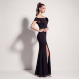 Women’s Off Shoulder Satin Floral Applique High-Slit Formal Party Gown