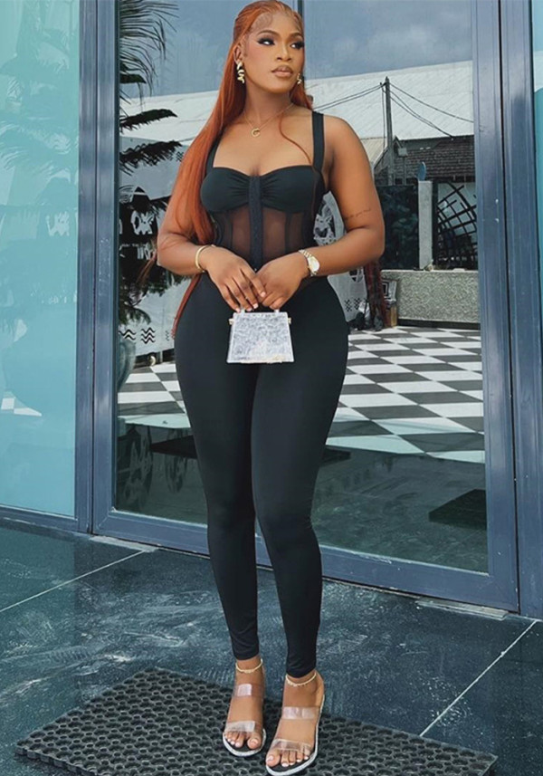 Women’s Solid Color Tight-Fitting Strap Mesh Patchwork Slim-Fit Jumpsuit