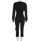 Fall Women’s Solid Color Casual Slim-Fit Knot Tie Turn-Down Collar Deep V-Neck Long Sleeve Jumpsuit
