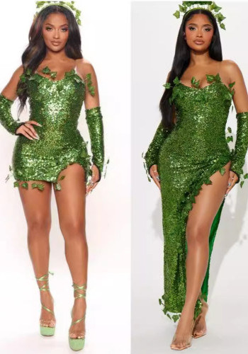 Halloween Adult Leaf Sequin Sexy Dance Costume Dress