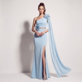 Women’s One Shoulder Satin Chiffon Tie Floral Applique High-Slit Formal Party Gown