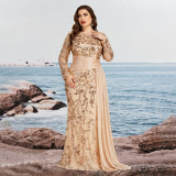 Plus Size Elegant Sequin Patchwork Round Neck Long Sleeve Evening Dress