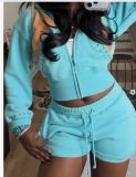 Women’s Studded Cropped Hooded Zip-Up Jacket and Drawstring Shorts Two-Piece Set