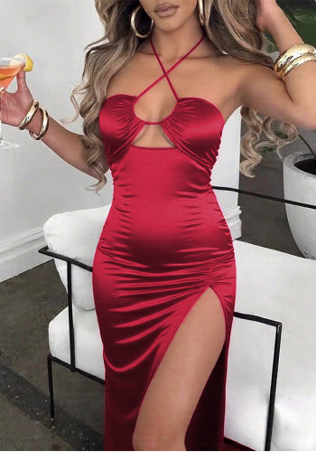 Women’s Sexy Halter Neck Lace-Up Cutout Side High-Slit Nightclub Maxi Dress