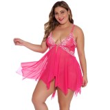 Women’s Sexy Red Lace Mesh Lace-Up Slit Lingerie Set with Thong