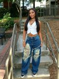 Women’s Streetwear Ripped Frayed Loose Wide-Leg Denim Pants