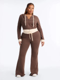Women’s Fashion Casual Color Block Patchwork Bell Bottom Hooded Two-Piece Pants Set