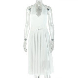 Women’s Solid Color Casual V-Neck A-Line Ruched Hem Chic Sleeveless Halter Neck Dress