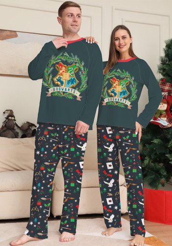 Christmas Halloween Family Cartoon Print Round Neck Loungewear Pajama Set