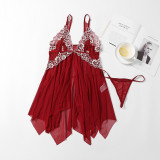 Women’s Sexy Red Lace Mesh Lace-Up Slit Lingerie Set with Thong