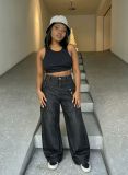 Women’s Double Waistband Diagonal Patchwork Asymmetric Button Wide-Leg Straight-Leg Denim Pants