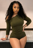 Women’s Casual Solid Color Slash Shoulder Long Sleeve Tight-Fitting Slim-Fit Top and Shorts Two-Piece Set