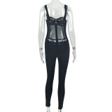 Women’s Solid Color Tight-Fitting Strap Mesh Patchwork Slim-Fit Jumpsuit