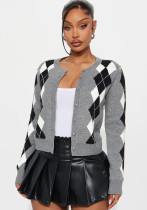 Women’s Fashion Casual Diamond Plaid Color Block Knitted Cardigan Women’s Fashion Casual Diamond Plaid Color Block Knitted Cardigan